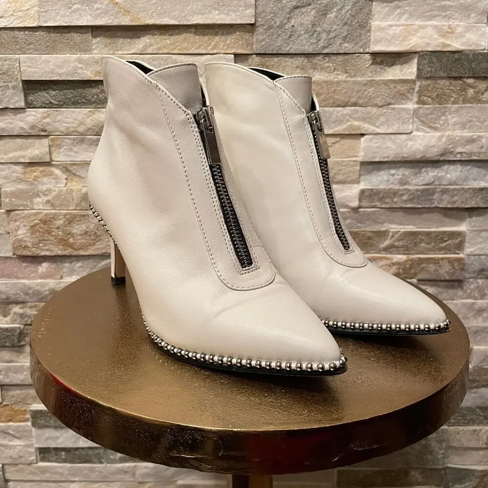 BCBGeneration Ivory White Leather Studded Zip Heeled Booties | Y2K Style, 5M